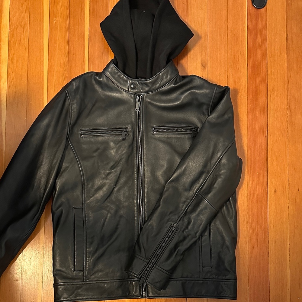 Calvin Klein Black Leather Jacket with Hood